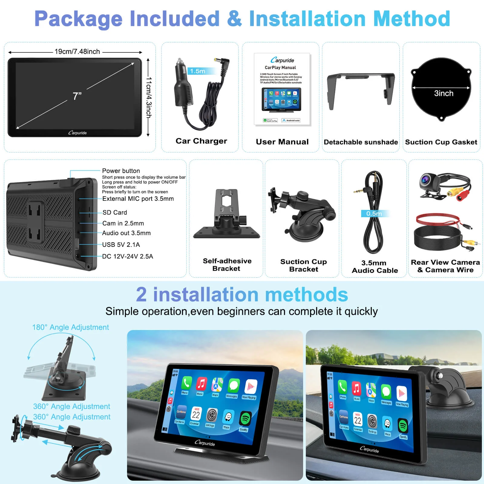 CARPURIDE V3 Portable Smart Multimedia Dashboard Console with Detachable Sunshade - Image 9