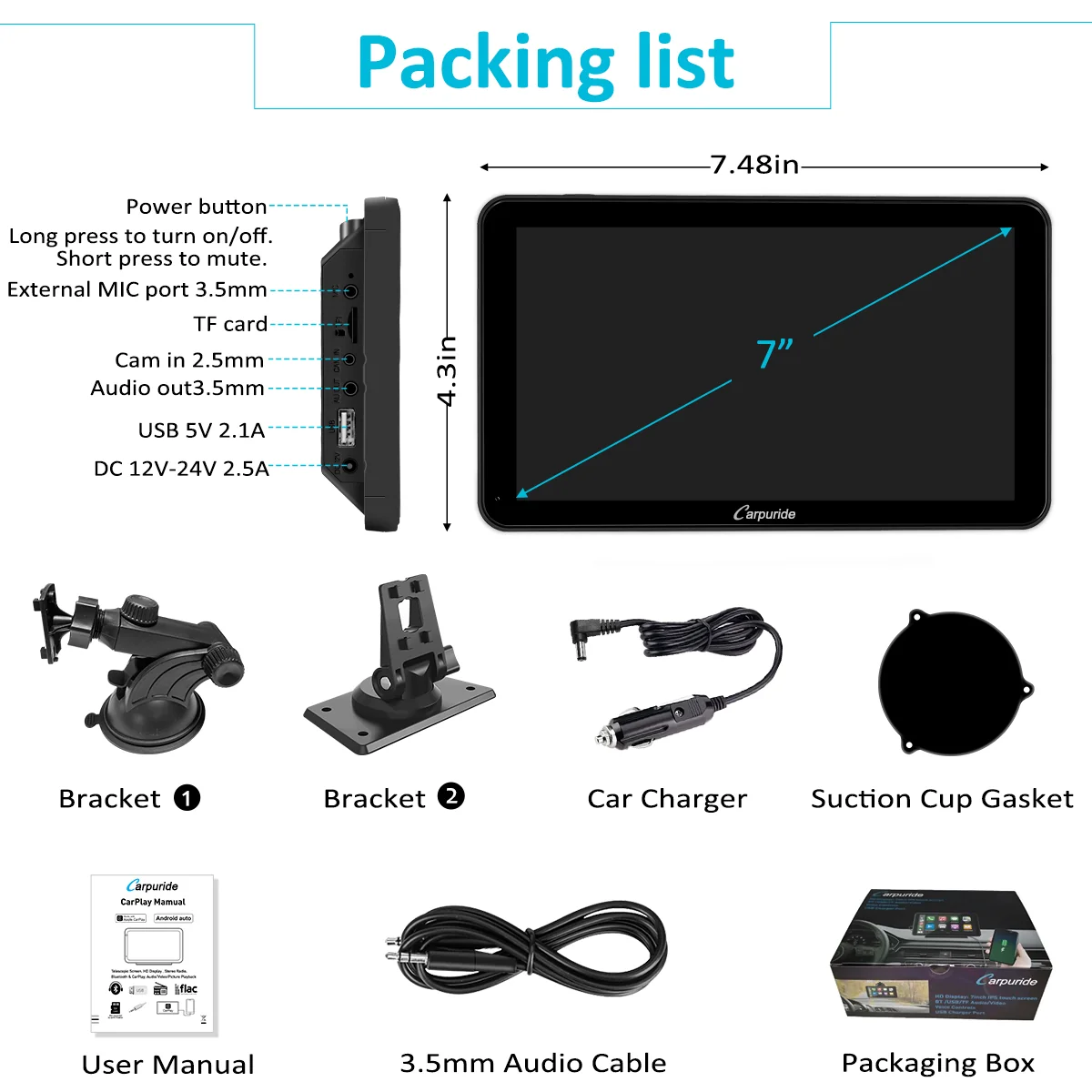 Carpuride Portable Wired CarPlay - Apple CarPlay/Android Auto /7"IPS Touch Screen/ Multimedia Bluetooth Navigation Dashboard Console - Image 9