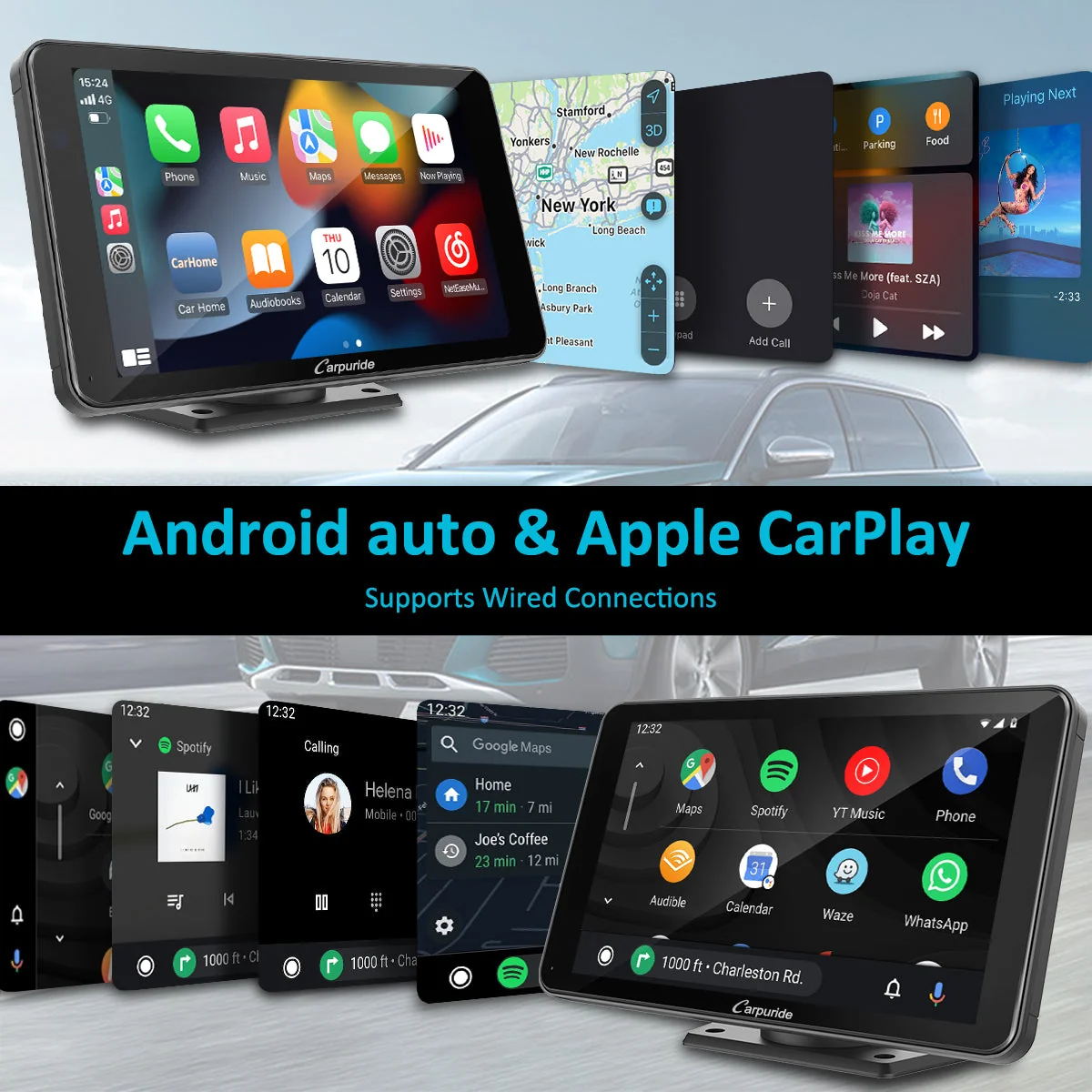 Carpuride Portable Wired CarPlay - Apple CarPlay/Android Auto /7"IPS Touch Screen/ Multimedia Bluetooth Navigation Dashboard Console - Image 3