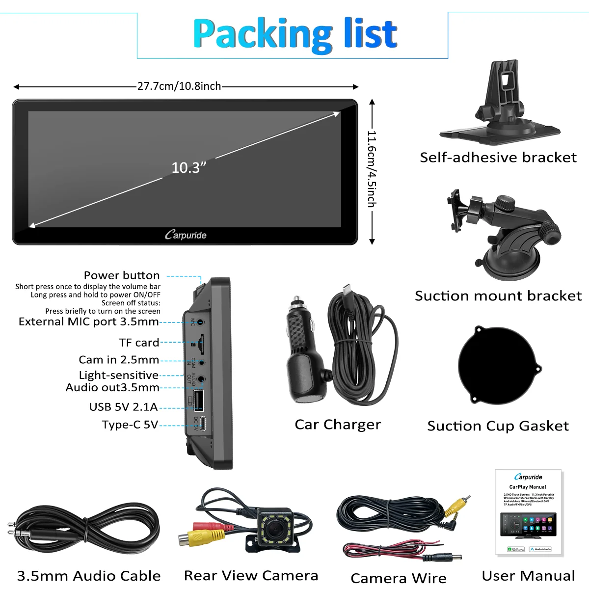 CARPURIDE W103 Portable Smart Multimedia Dashboard Console With Backup Camera - Image 9