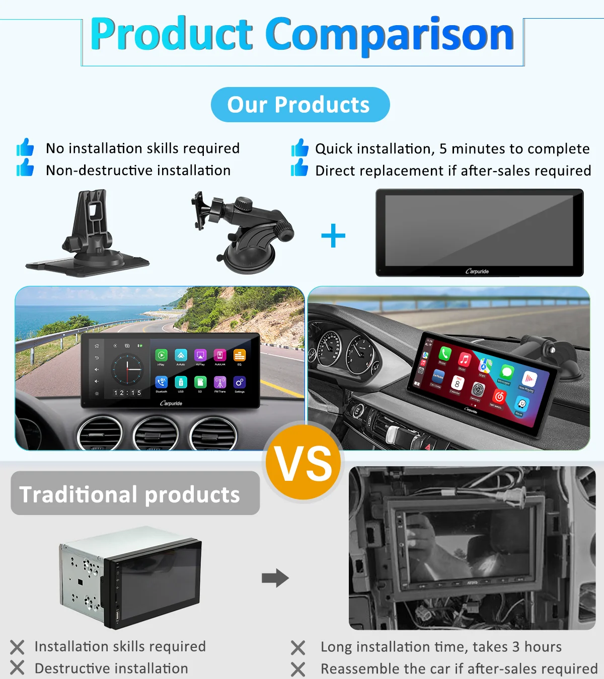 CARPURIDE W103 Pro Portable Smart Multimedia Dual Bluetooth Dashboard Console With Backup Camera - Image 8