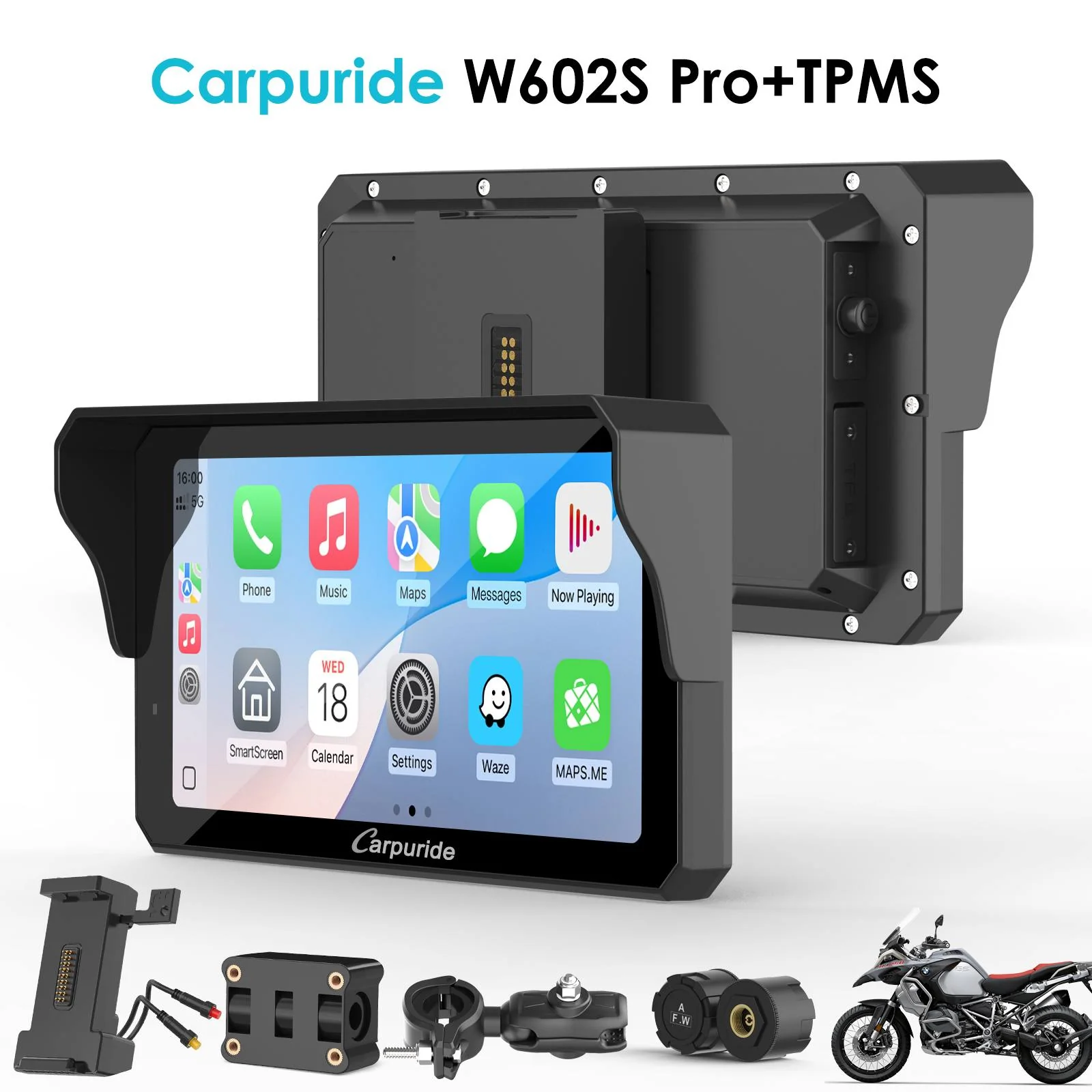 Carpuride W602S Pro with Optional TPMS | 6-Inch Motorcycle CarPlay | Plug-and-Play BM05 Bracket with Type-C Port - Image 14