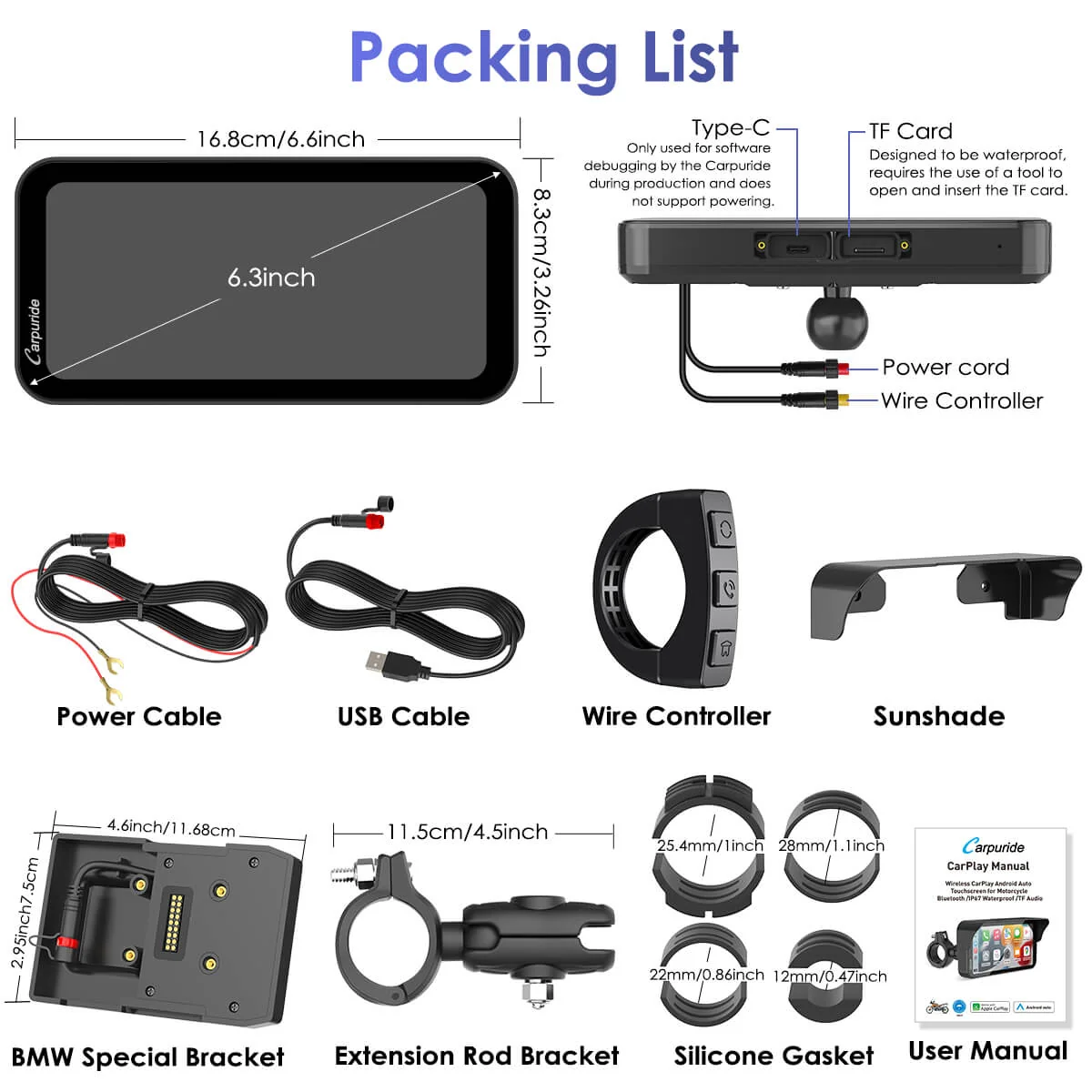 Carpuride W603B Wireless Portable Motorcycle Stereo Compatible Navigation Bracket - Image 12