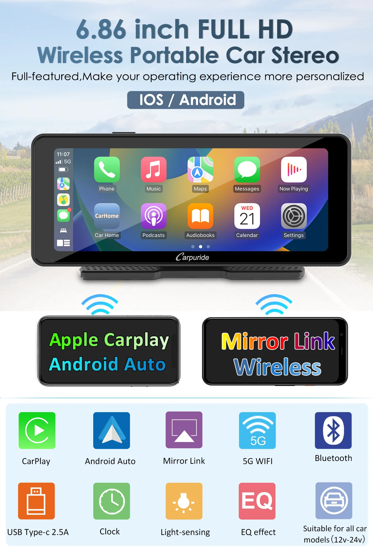 CARPURIDE W609 Portable Smart Multimedia Dashboard Console With Backup Camera - Image 2