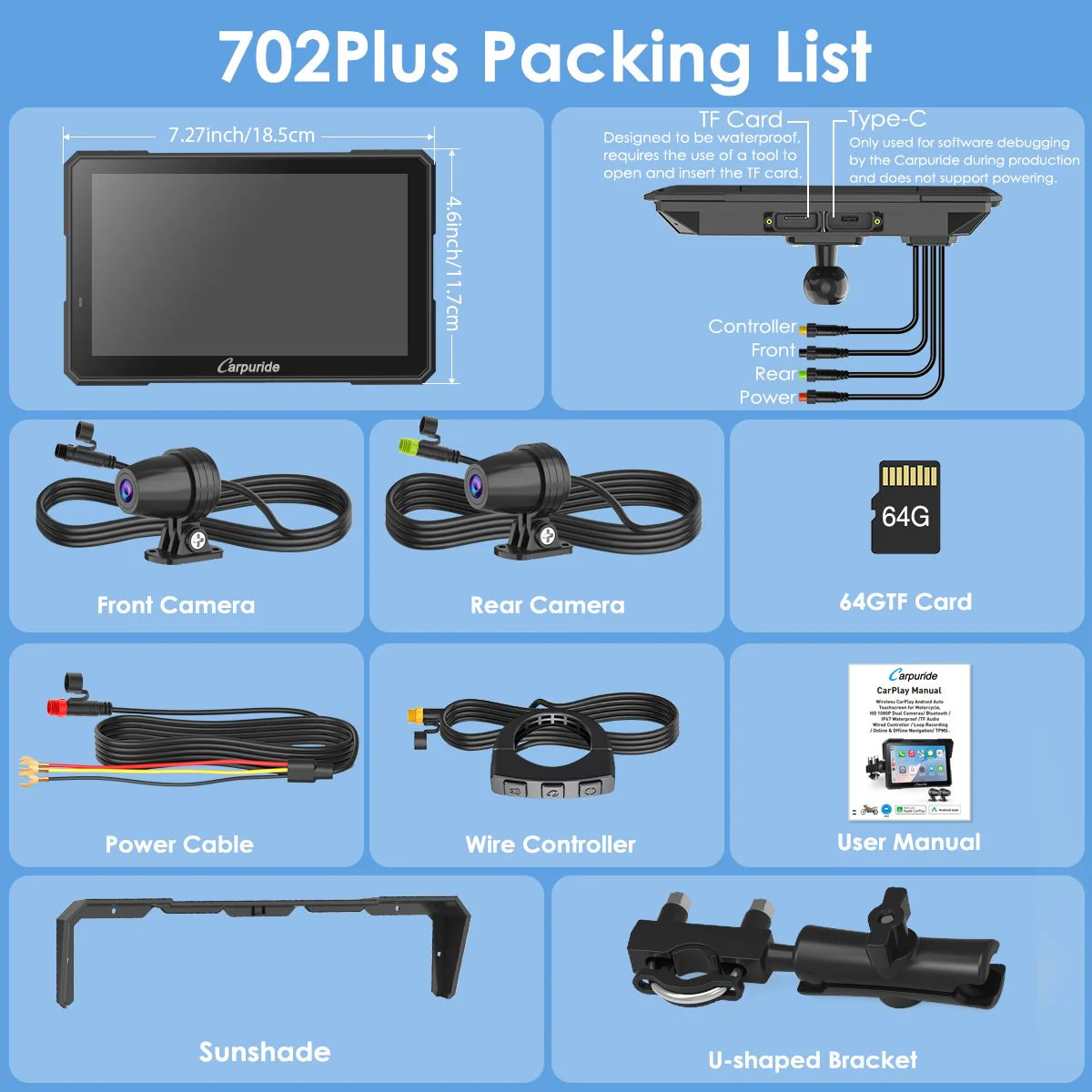 Carpuride W702 Plus Wireless Portable Motorcycle Stereo - Install Apps, Built-in GPS & Dual Cameras - Image 12