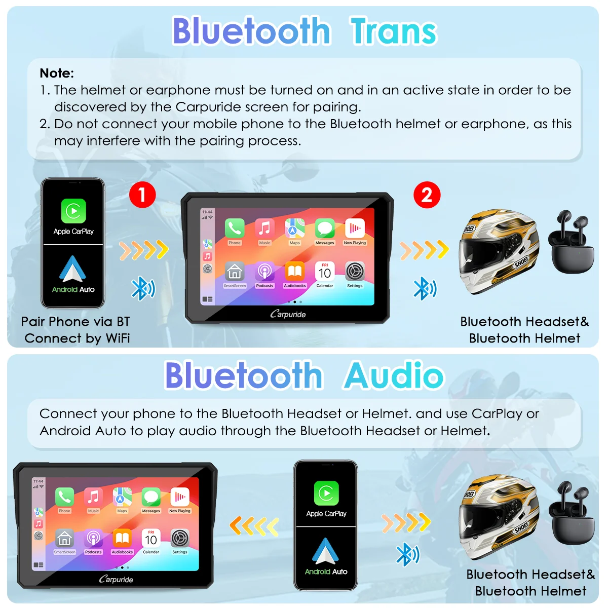 Carpuride W702/ W502 Wireless Portable Dual Bluetooth Waterproof IP67 Motorcycle Stereo - Image 6