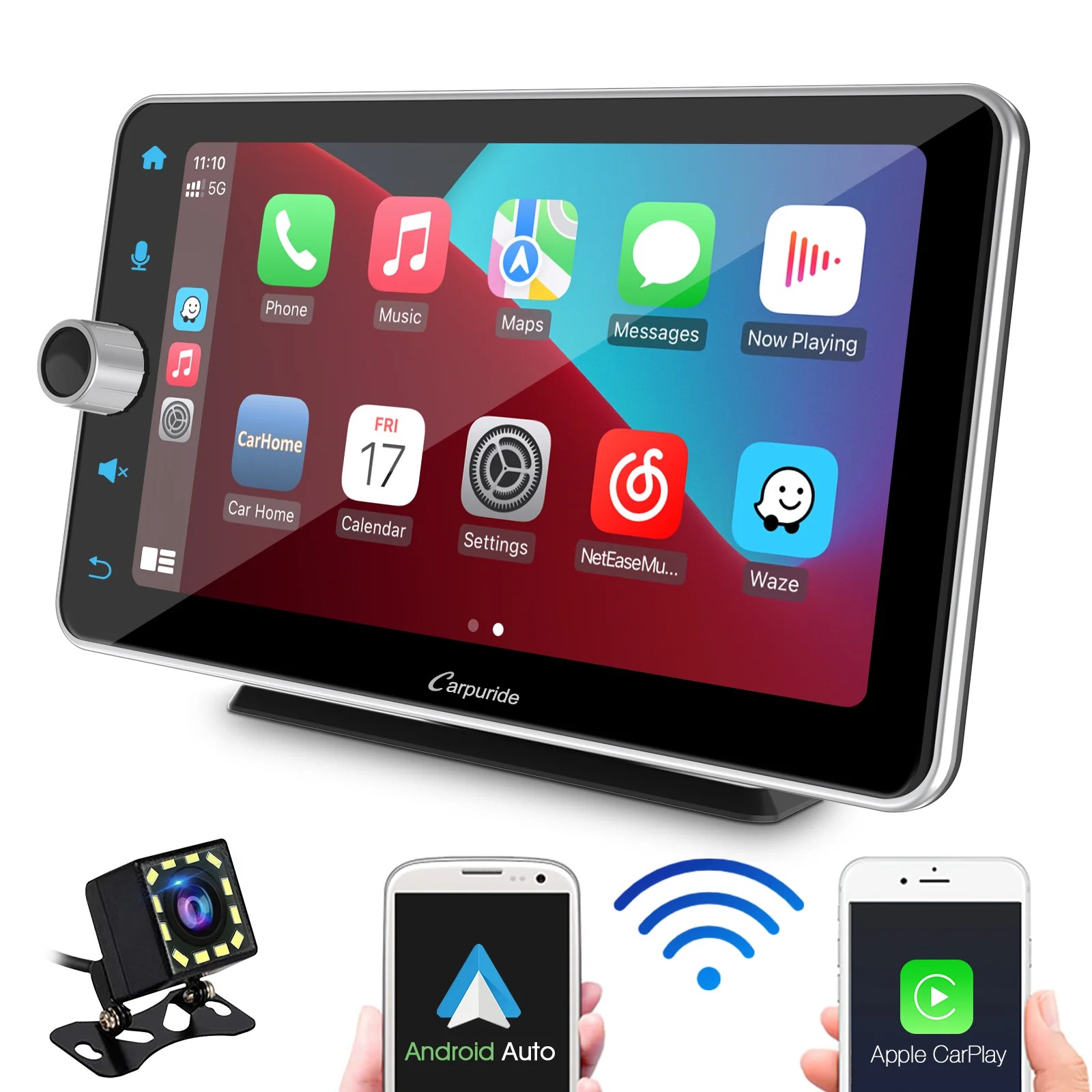 CARPURIDE W706 Wireless Portable Car Stereo Silver Frame with Backup Camera