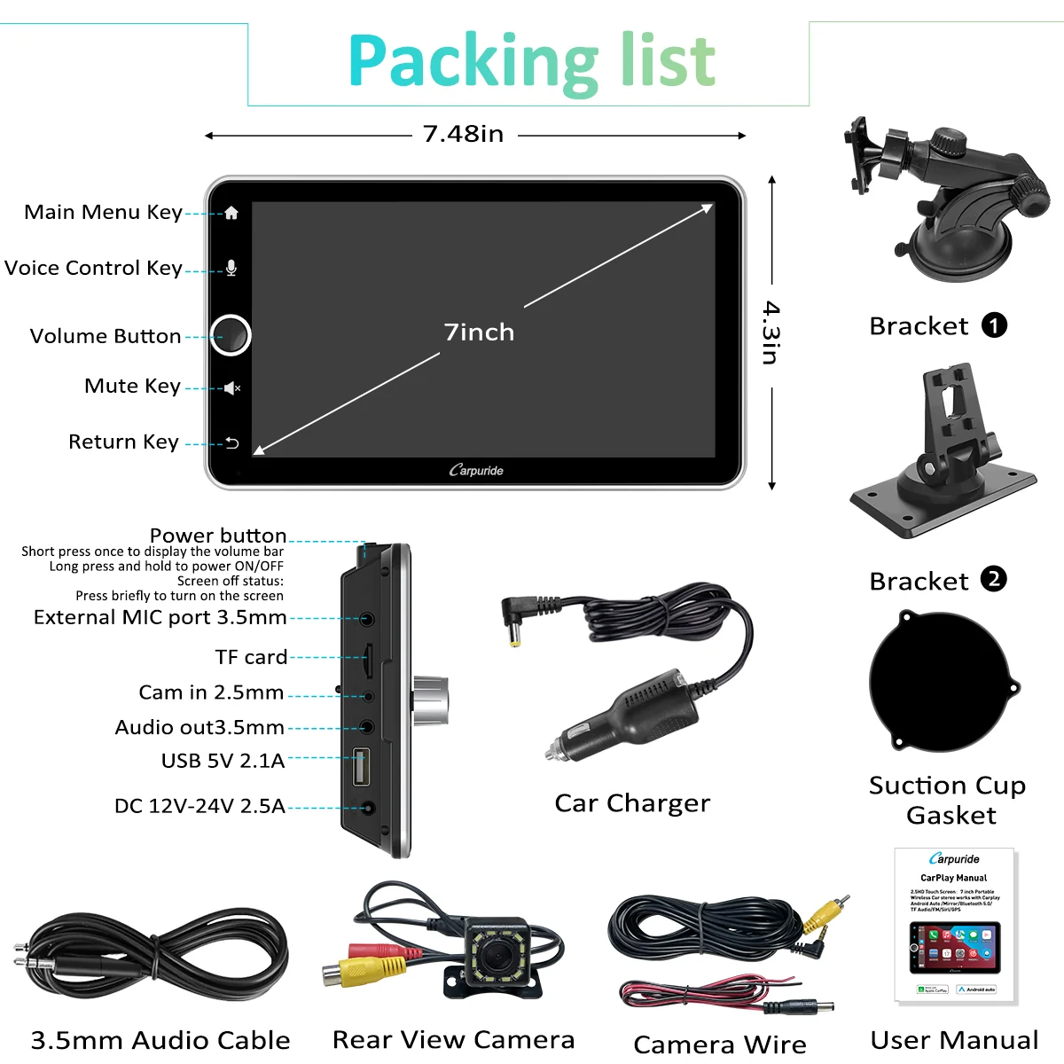 CARPURIDE W706 Wireless Portable Car Stereo Silver Frame with Backup Camera - Image 9
