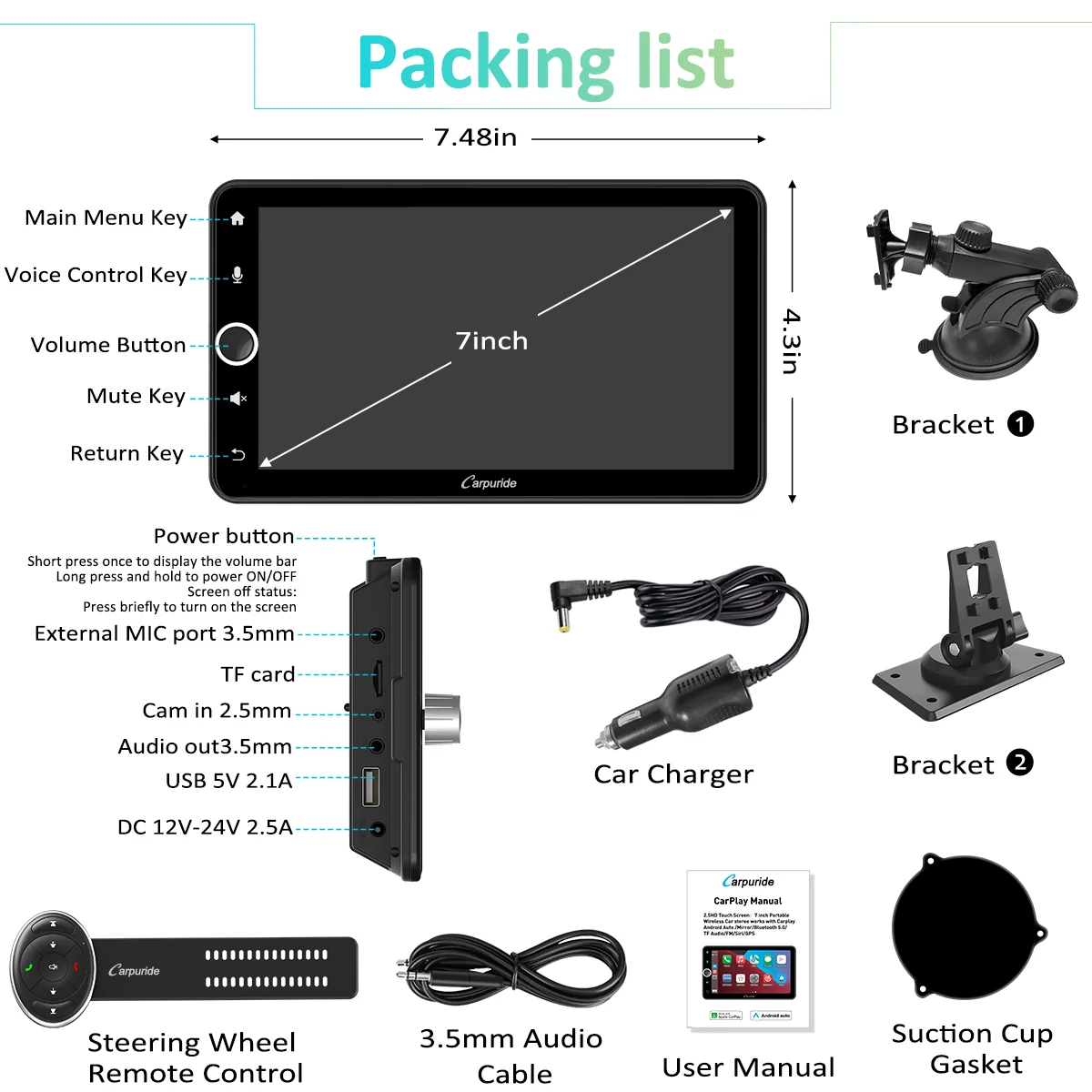 CARPURIDE W706 Wireless Portable Car Stereo with Steering Wheel Control - Image 9
