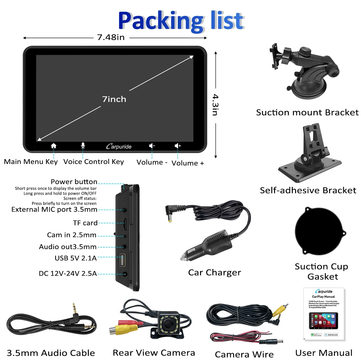 CARPURIDE W708 Pro Portable Smart Multimedia Dual Bluetooth Dashboard Console With Backup Camera - Image 12