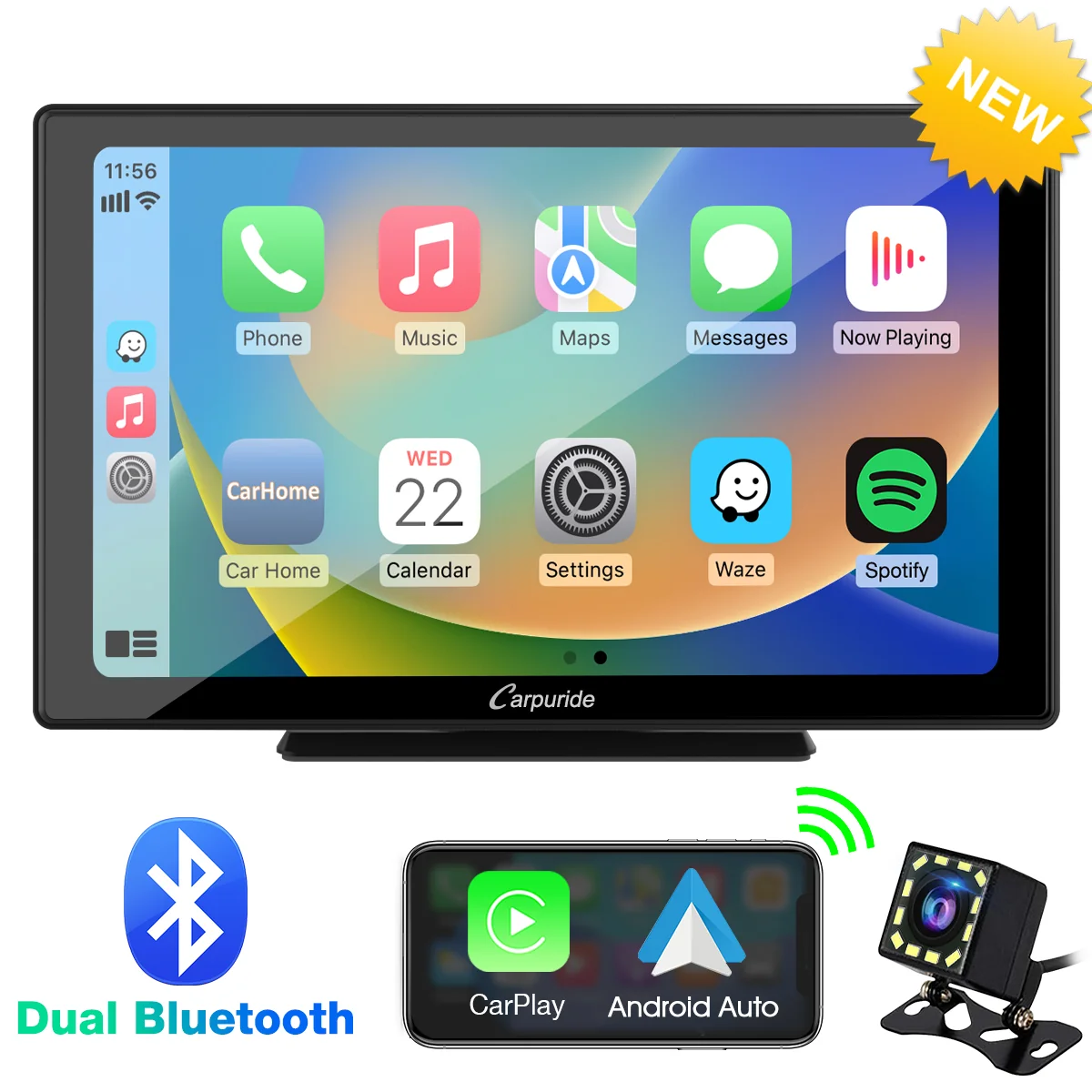 CARPURIDE W901 Pro Portable Smart Multimedia Dual Bluetooth Dashboard Console With Backup Camera