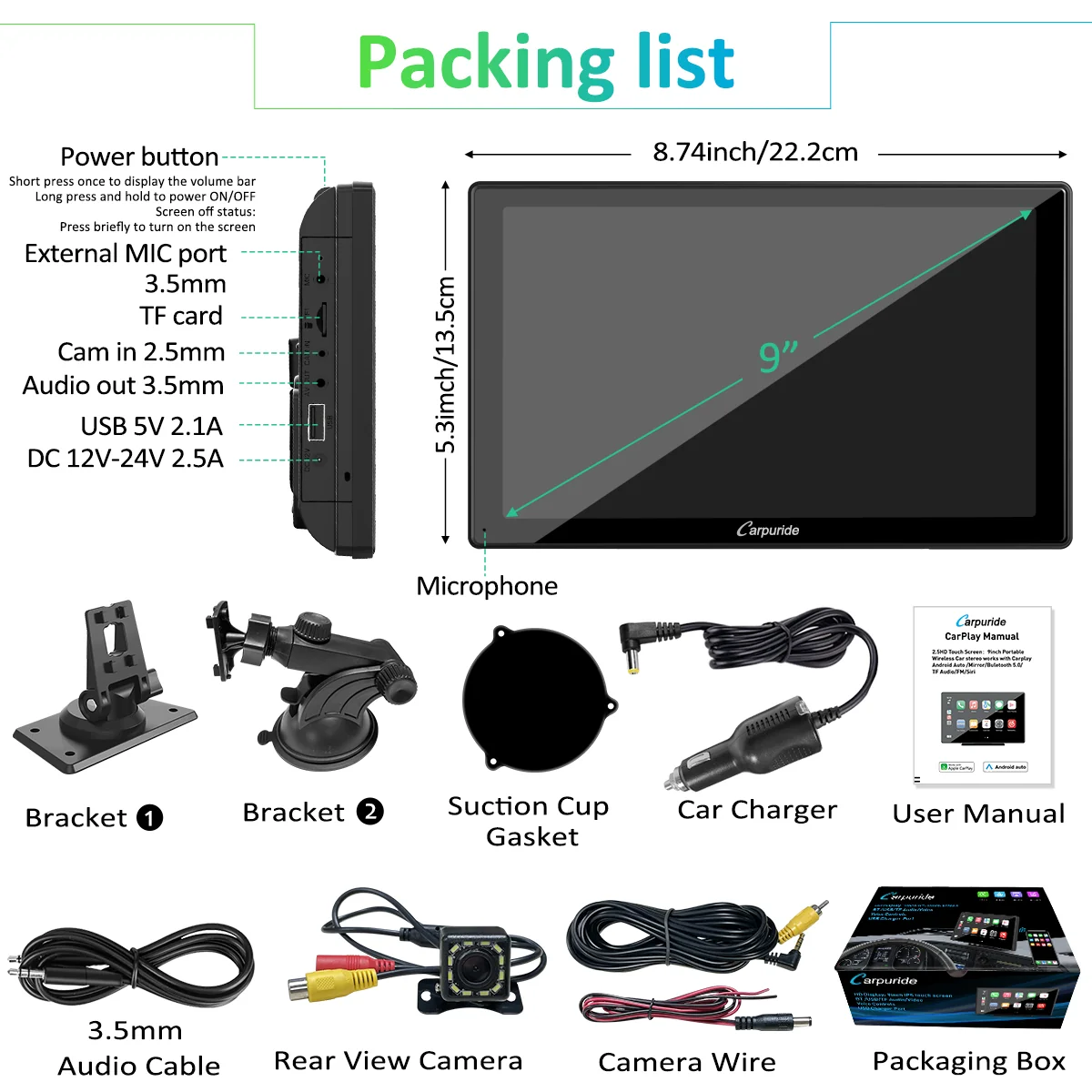 CARPURIDE W901 Pro Portable Smart Multimedia Dual Bluetooth Dashboard Console With Backup Camera - Image 9