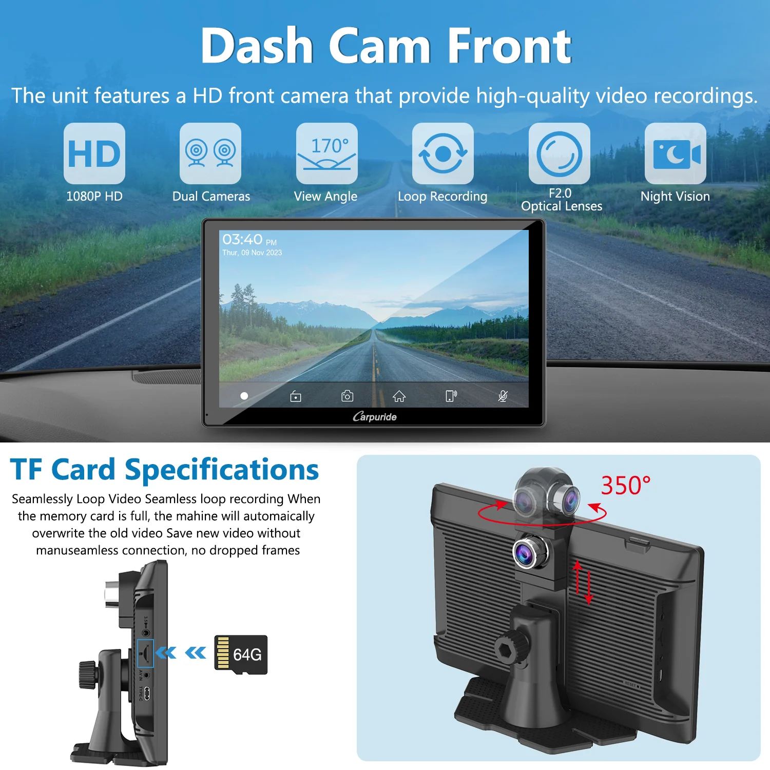 CARPURIDE W905 Portable Smart Multimedia Dashboard Console with Front Camera and DVR Function - Image 4